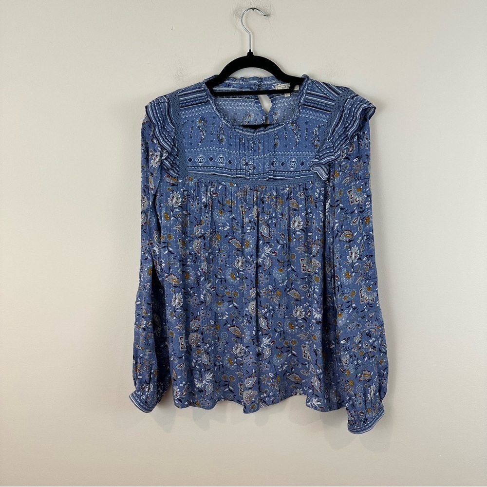 Fat Face Blue Floral Ruffle Shoulder Long Sleeve Blouse Size 10 Women's